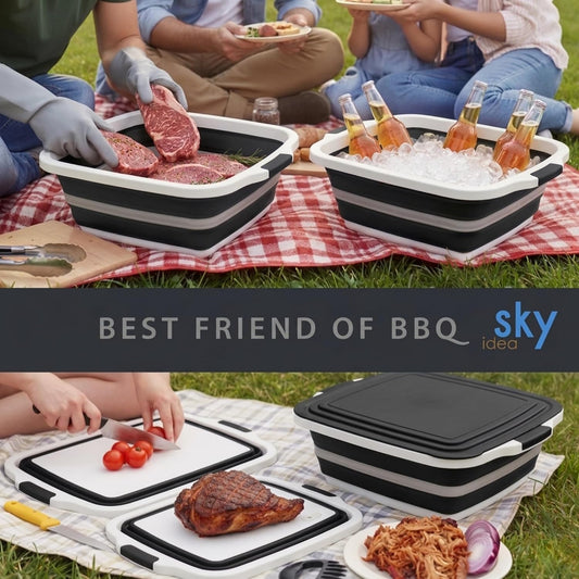 Collapsible BBQ Prep Tub with Lid - XL 4.22 GAL Folding Cutting Board & Food Basin for Outdoor Cooking, Marinating Container, Space Saving Prep Station
