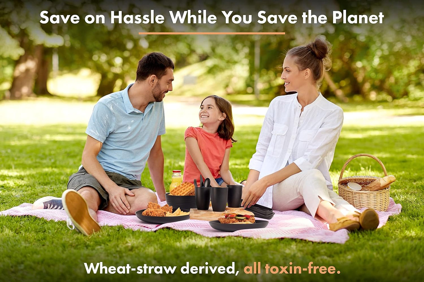FOODLE Wheat Straw Dinnerware Set - BPA Free & Safety Tested - Microwave & Dishwasher Safe Dishes - Perfect for Camping, Picnic, RV, Dorm - Plates, Cups and Bowls - Great for Kids & Adults - For 4