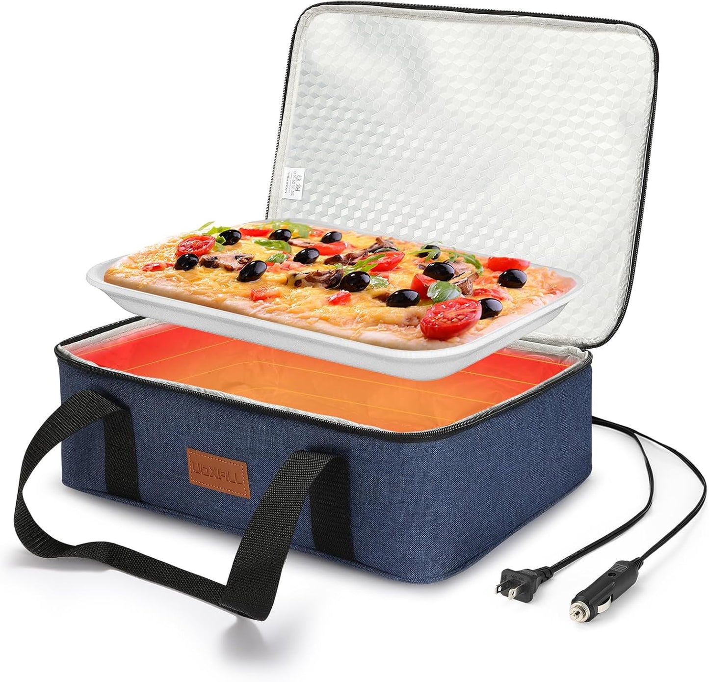 Food Warmer Electric Casserole Carrier - Large Heated Lunch Bag for Car Truck, 12V/24V/110V, Thermos for hot food for Potluck Cookouts Parties Picnic,Lasagna Lugger,Fits 9"x13" Baking Pan (Navy)