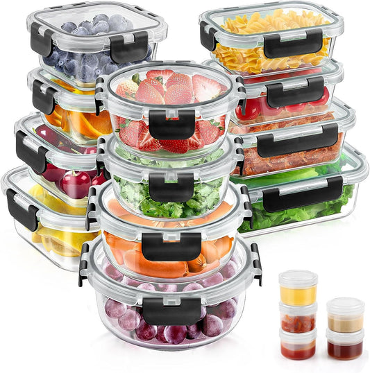 34pcs Glass Food Storage Containers with Lids Set, Airtight Glass Meal Prep Containers (17 Containers & 17 Lids), Leak Proof Lunch Container BPA-Free, Microwave, Oven, Freezer, Dishwasher Safe-Blue