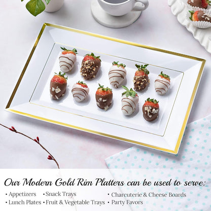 Elegant Plastic Serving Tray & Platter Set (6pk) - White & Gold Rim Disposable Serving Trays & Platters for Food - Weddings, Upscale Parties, Dessert Table, Cupcakes - 8 x 12.85 inches