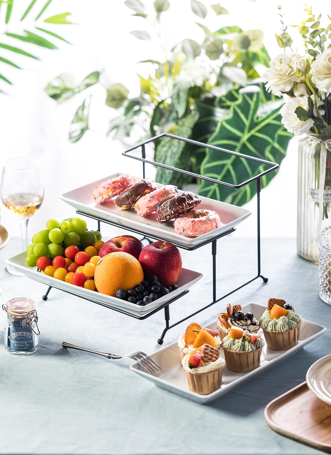 LYEOBOH 3 Tier Serving Bowls Set Tiered Serving Stand, Porcelain Oval Bowls with Collapsible Metal Stand for Entertaining, Party, Dessert Display, Candy, Chip and Dip (Gold)-45oz / 17.5oz / 7oz