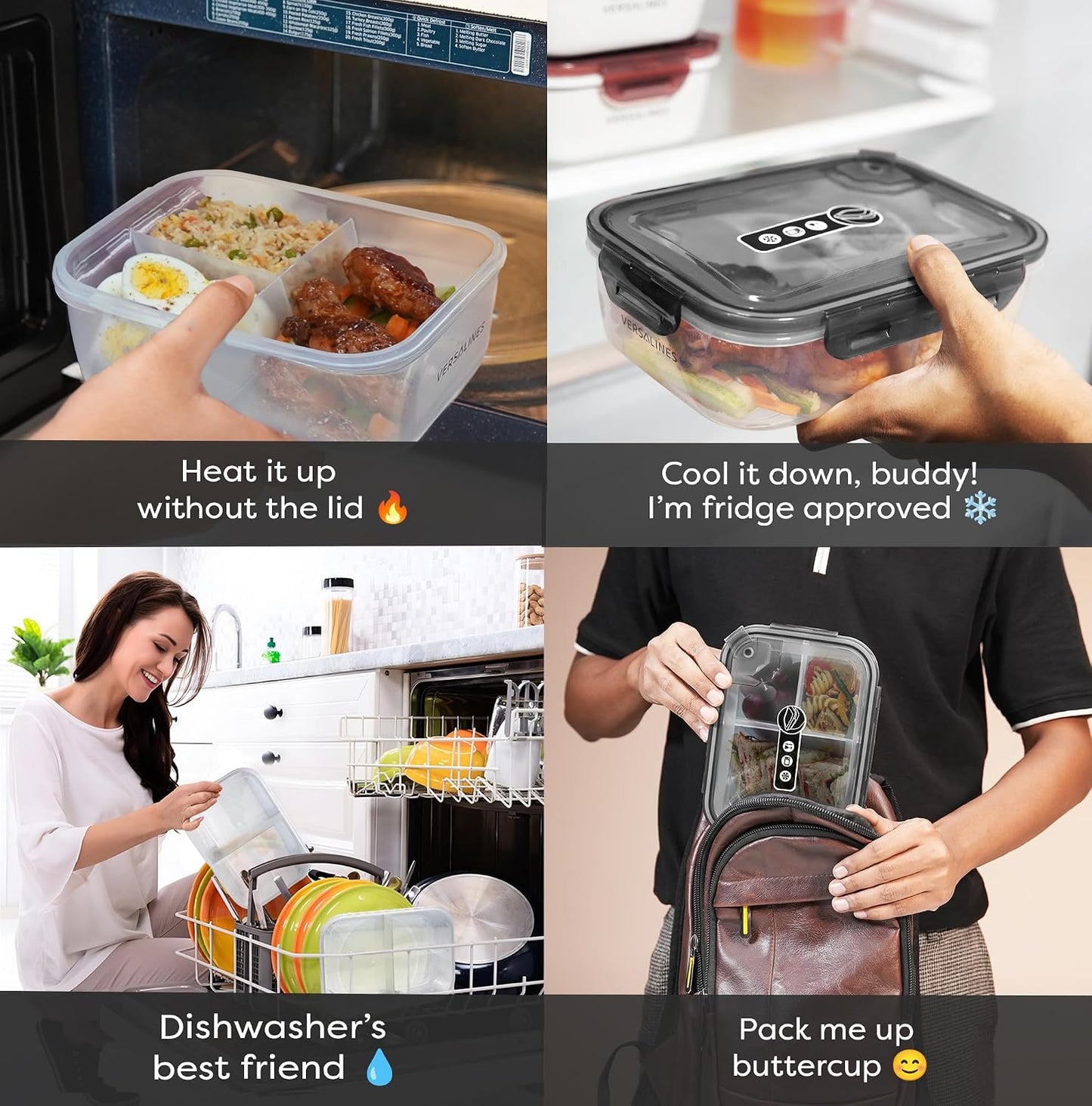 Bento Box Adult Lunch Box, 3 Compartment Meal Prep Containers with Lids, Clear Lunch Box Containers for Adults Men Women, Food Storage Containers - Microwave, Dishwasher Safe (Gray-Solid)