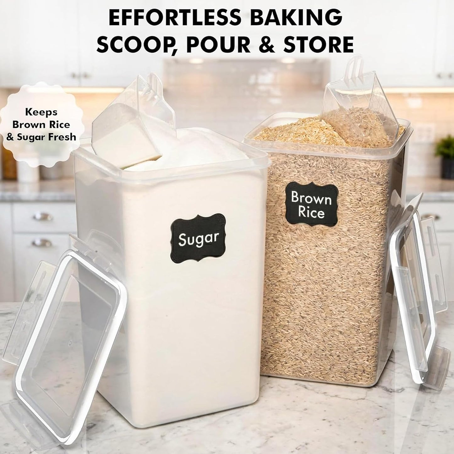 WHITE FEATHER SUPPLIES 2 PC [7 Qt / 6.5L / 220 Oz] Large Food Storage Containers with Lids Airtight - BPA Free Clear Plastic Kitchen and Pantry Storage Containers for Cereal, Flour, Sugar, Rice