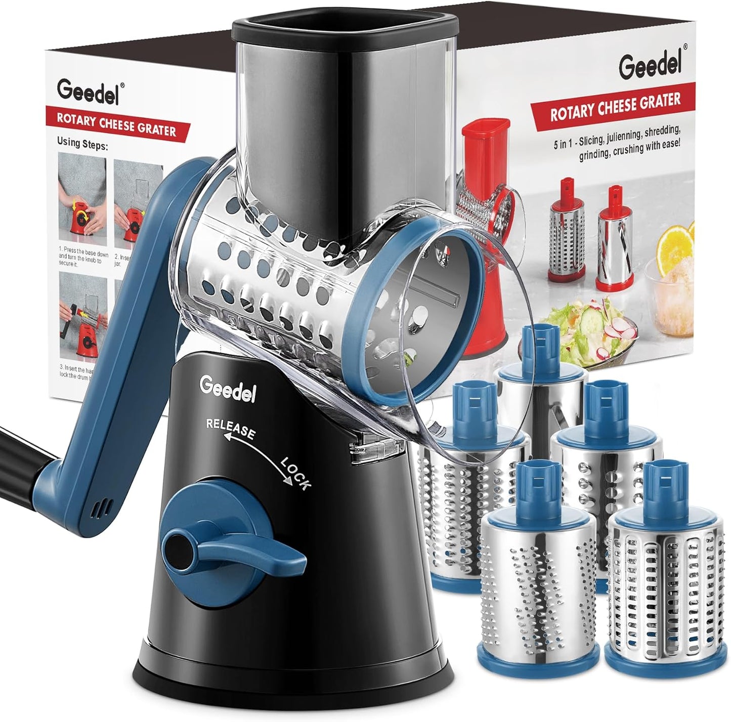 Geedel Rotary Cheese Grater, Kitchen Mandoline Vegetable Slicer with 3 Interchangeable Blades, Easy to Clean Rotary Grater Slicer for Cheese, Vegetables, Nuts