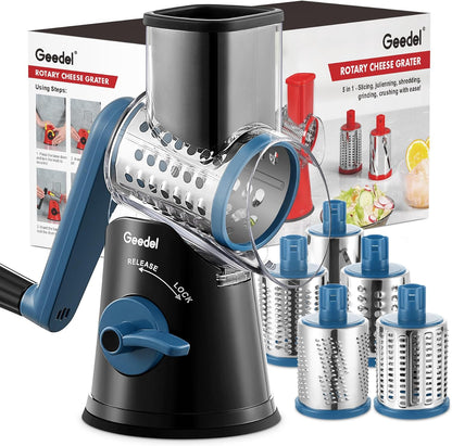 Geedel Rotary Cheese Grater, Kitchen Mandoline Vegetable Slicer with 3 Interchangeable Blades, Easy to Clean Rotary Grater Slicer for Cheese, Vegetables, Nuts