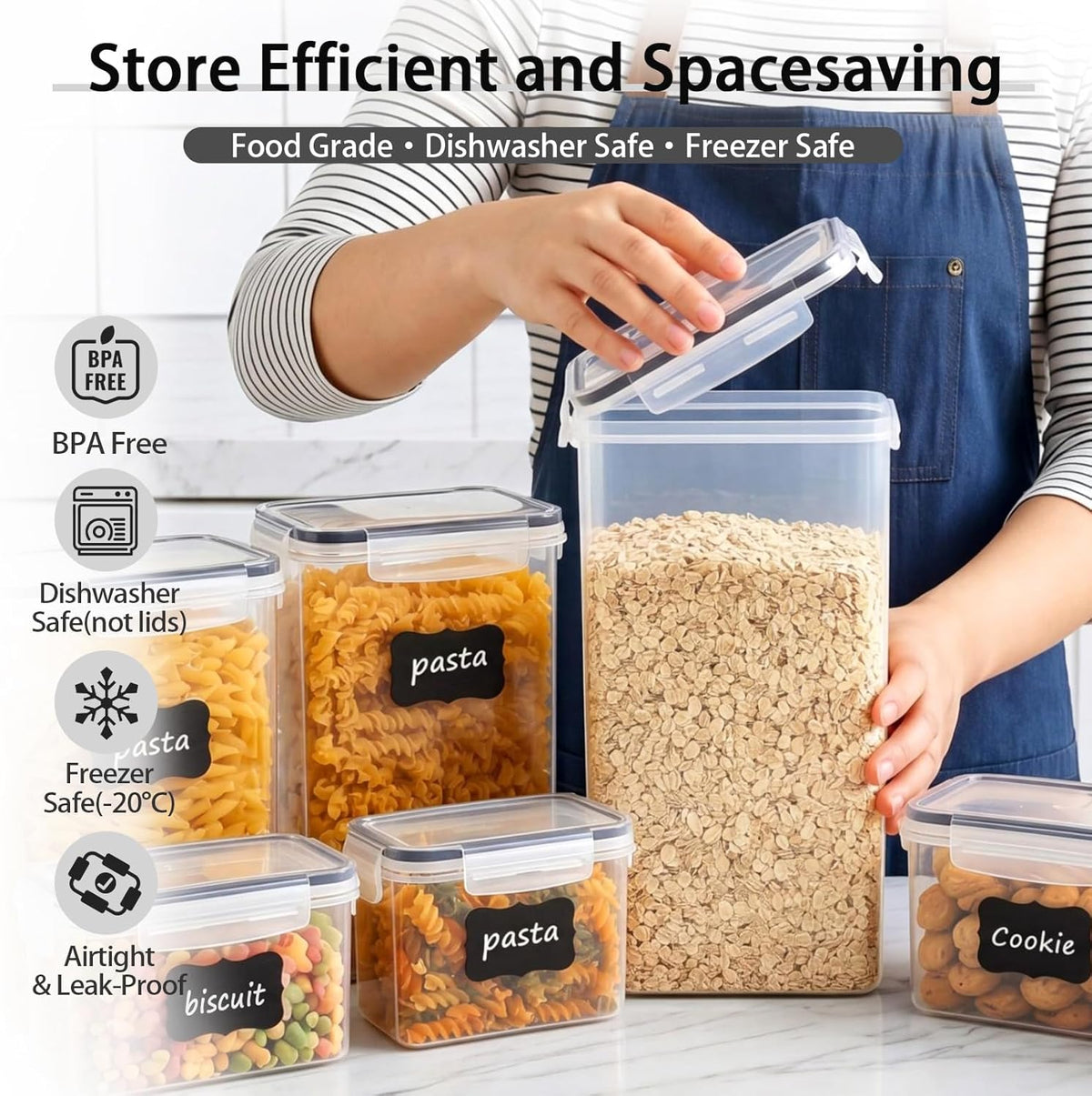 15PC Pantry Storage Containers, Airtight Food Storage Containers with Lids, BPA Free Kitchen and Pantry Organization and Storage Set for Pasta, Dry Food, Flour and Sugar, Cereal