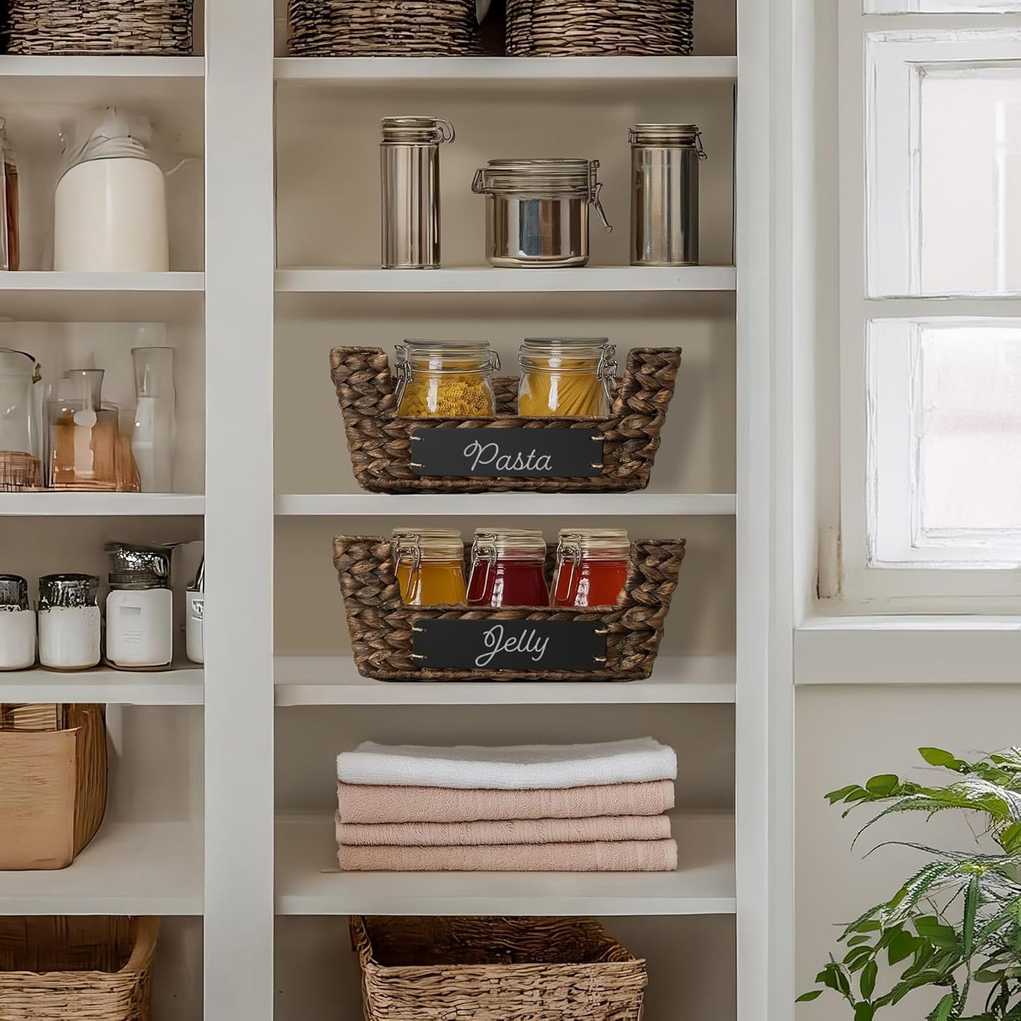 Casafield Set of 2 Water Hyacinth Pantry Baskets with Handles, Chalkboard Labels, and Marker - Natural, Wide Woven Storage Bin Organizers for Kitchen Shelves