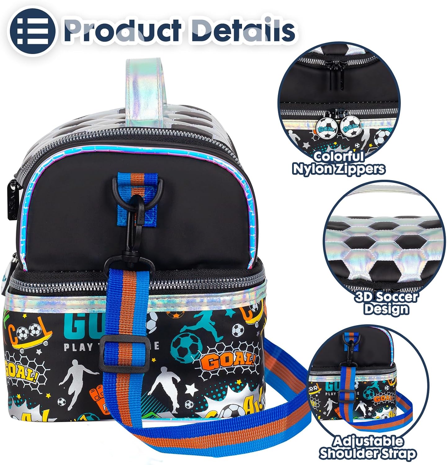 Kids Double Decker Cooler Insulated Lunch Bag, Back to School Large Meal Tote for Boys, Girls, Men, Women, with Adjustable Strap, Soccer