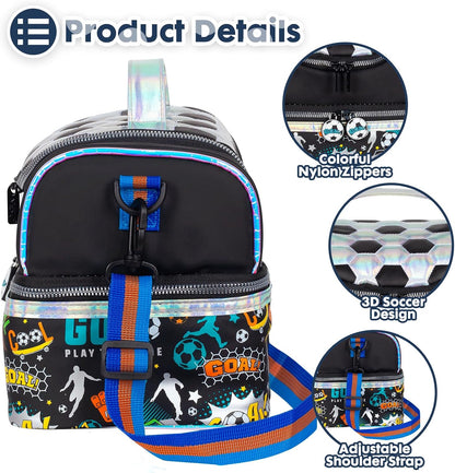 Kids Double Decker Cooler Insulated Lunch Bag, Back to School Large Meal Tote for Boys, Girls, Men, Women, with Adjustable Strap, Soccer