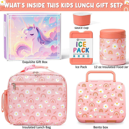 Fimibuke Bento Lunch Box for Kids with Food Jar, 32OZ Snack Lunch Container with 3 Compartments, Insulated Lunch Bag, 12OZ Leakproof Food Jar, Ice Pack Set for Age 3-12 Toddler Teen Girls Boys Daycare