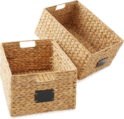 Casafield Set of 4 Water Hyacinth Pantry Baskets, 10" x 13" x 5", with Chalkboard Labels and Chalk Marker - Natural, Woven Storage Bin Organizers for Kitchen Shelves