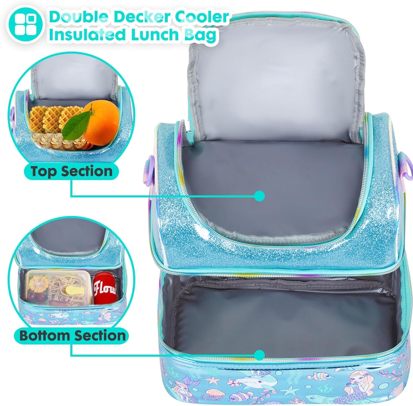 Kids Double Decker Cooler Insulated Lunch Bag, Back to School Large Meal Tote for Boys, Girls, Men, Women, with Adjustable Strap, Soccer