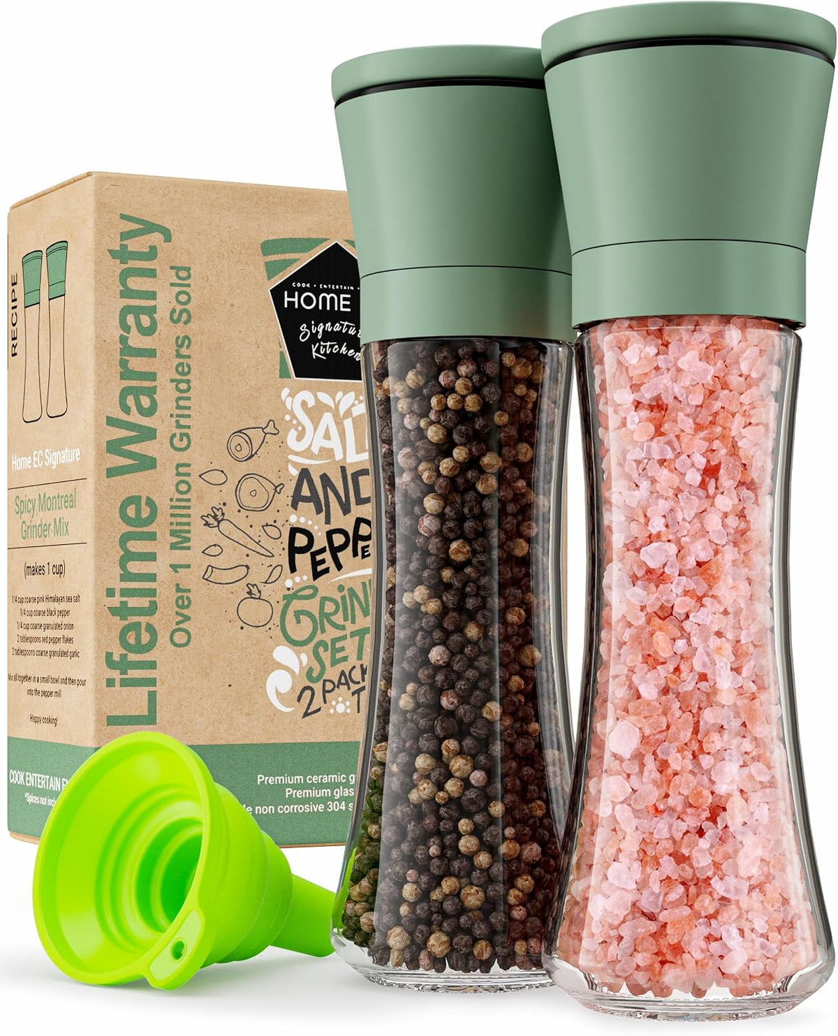 Home EC Premium Stainless Steel Sea Salt and Pepper Grinder Set of 2 - Adjustable Ceramic - Tall Glass Salt and Pepper Shakers - Kitchen Spice Mill W/Funnel & EBook