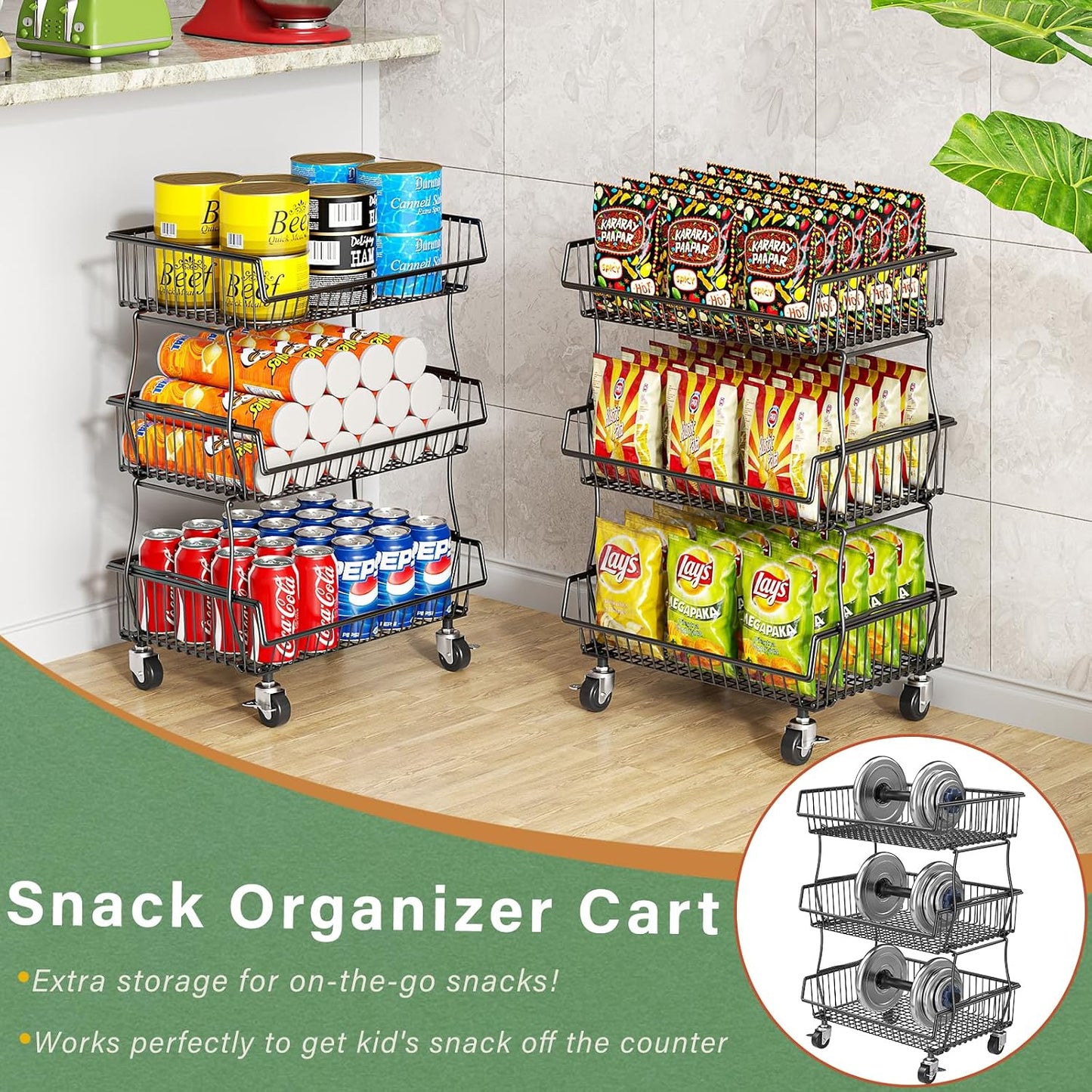 OKZEST 3-Tier Rolling Pantry Floor Organizer and Storage Cart with Wheels, Stackable Wire Pantry Baskets for Pantry Shelves, Kitchen Storage Rack and Fruit Basket Stand for Fruit Snack Onion Potato