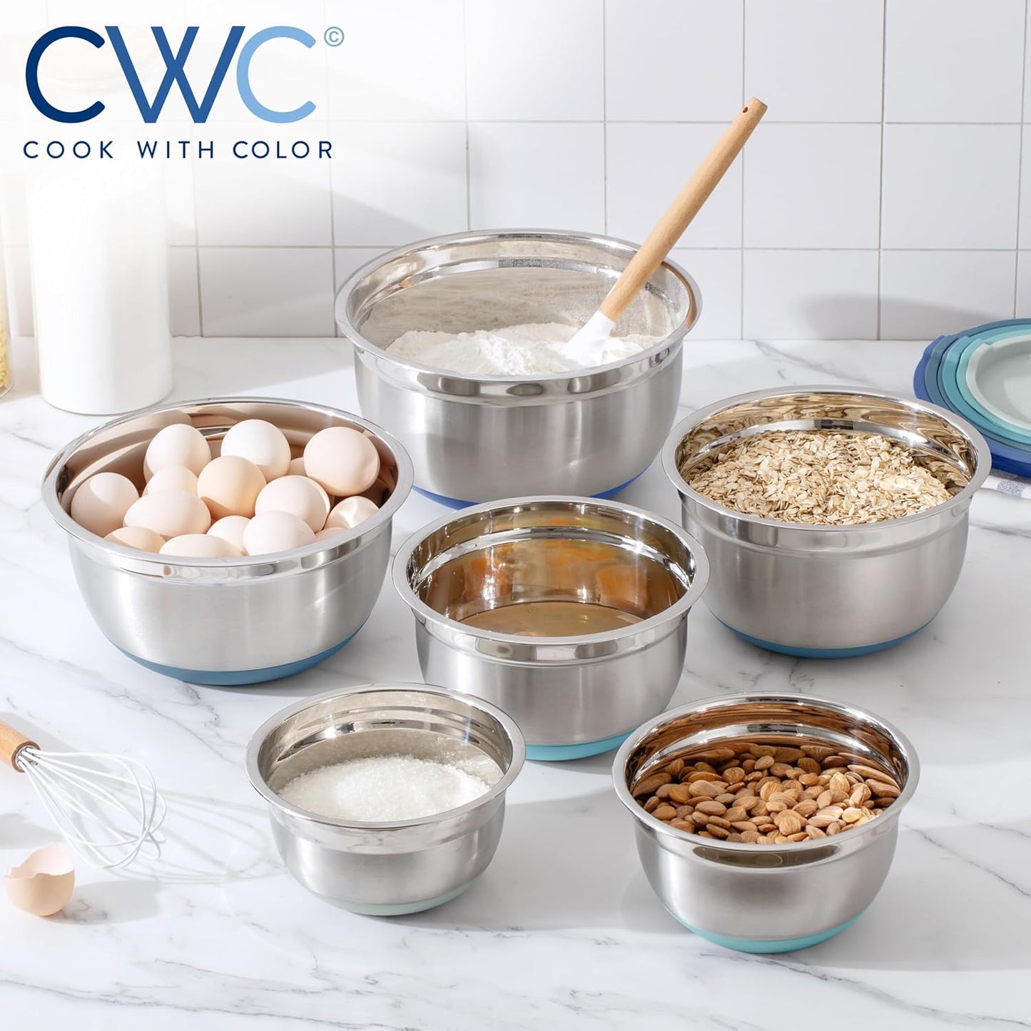 COOK WITH COLOR Stainless Steel Mixing Bowls Set with Lids - Nesting Bowls with Non-Slip Bottom, Sage, 12 Pieces