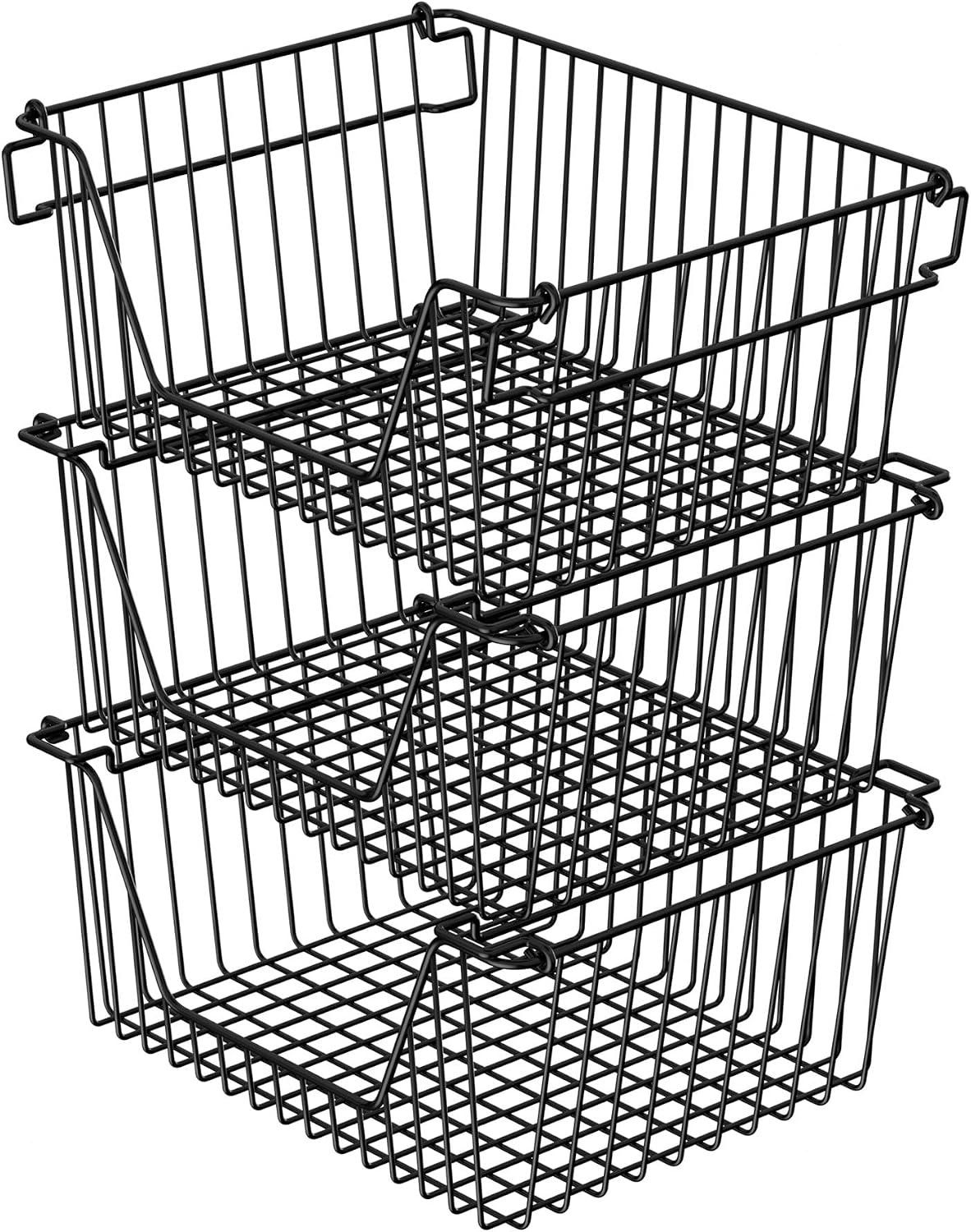 Stackable Wire Metal Baskets Sturdy Cabinet Organizer Wire Pantry Freezer Bin with Handle for Kitchen Fruit Vegetable Organization, Black, 3Packs