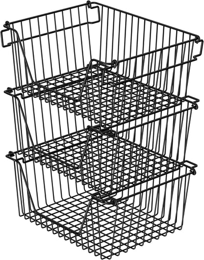 Stackable Wire Metal Baskets Sturdy Cabinet Organizer Wire Pantry Freezer Bin with Handle for Kitchen Fruit Vegetable Organization, Black, 3Packs