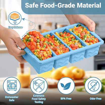 Silicone Freezer Trays with Lid for Soup, 1-Cup & 2-Cup Large Ice Cube Molds Food Storage Containers for Meal Prep, Freeze 500mL/250mL/125mL Portions – 2 Pack