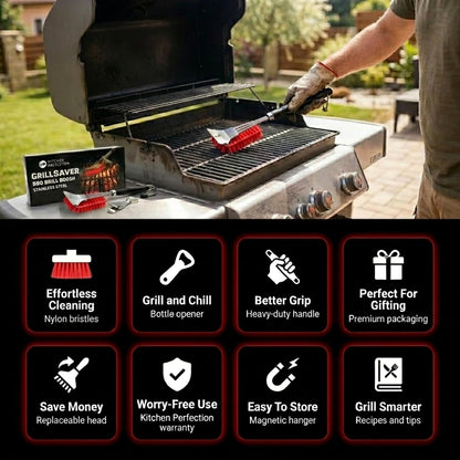 KITCHEN PERFECTION GrillSaver - Safe BBQ Grill Brush for Outdoor Grill with Replaceable Cleaning Head -Heavy-Duty Grill Cleaner with Scraper for All Grates +2 Bonuses -Best Grilling Gifts for Men