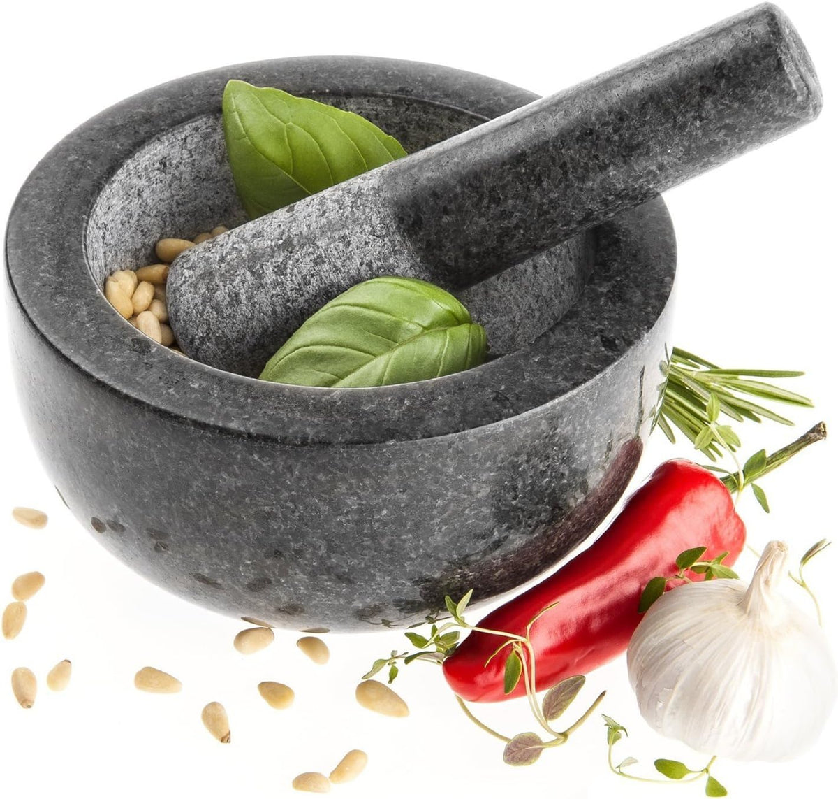 Kota Japan Large Black Granite Mortar & Pestle Natural Stone Grinder for Spices, Seasonings, Pastes, Pestos and Guacamole