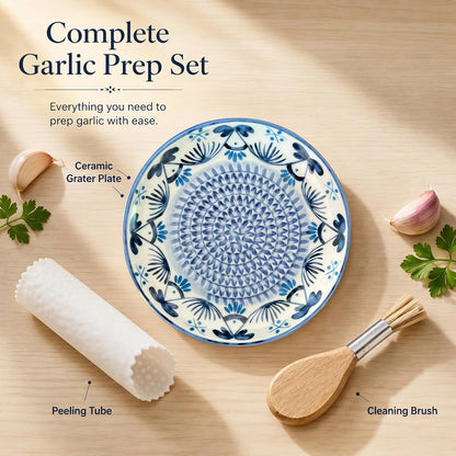 Handcrafted Ceramic Garlic Grater Plate, Ocean Blue