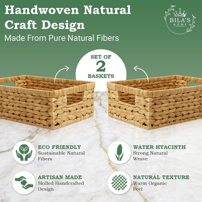 Water Hyacinth Storage Baskets – Handwoven Wicker Organizer with Built‑In Handles, Natural Decorative Basket for Shelves, Pantry, Bathroom, Bedroom