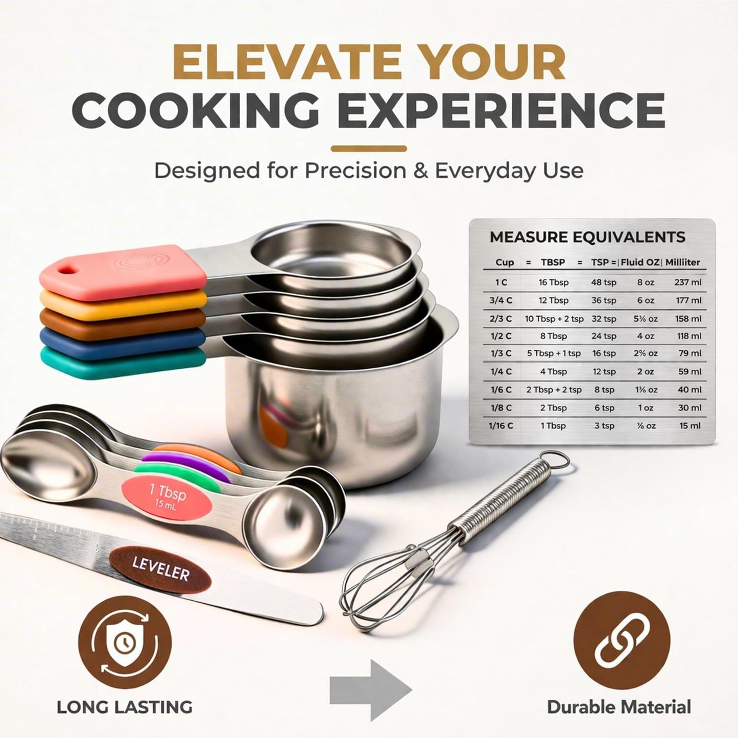 DIYORA Magnetic Measuring Cups and Spoons Set, 13-Piece 304 Stainless Steel Measuring Set with Leveler, Mini Whisk, Conversion Chart, Double-Sided Spoons for Baking and Cooking
