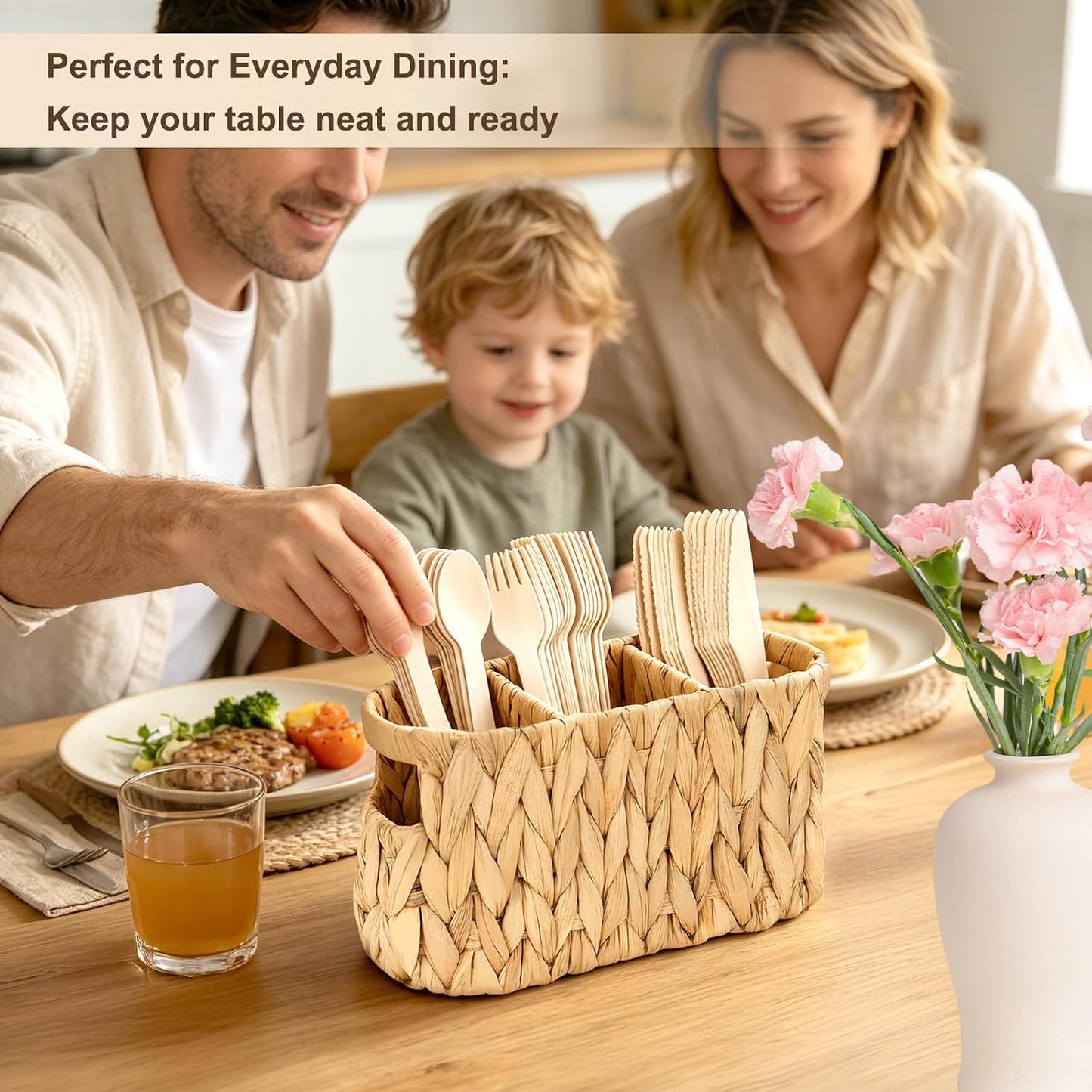 Water Hyacinth Utensil Caddy with Handle, 4 Compartments Woven Cutlery Organizer, Portable Flatware Holder for Outdoor Picnic, BBQ, Camping, Kitchen Counter & Party Table