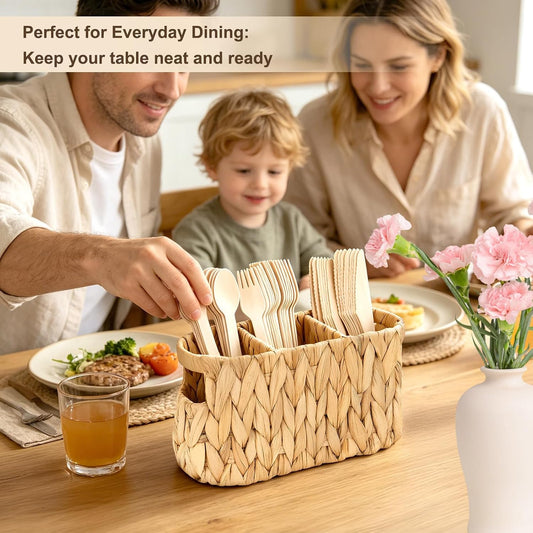Water Hyacinth Utensil Caddy with Handle, 4 Compartments Woven Cutlery Organizer, Portable Flatware Holder for Outdoor Picnic, BBQ, Camping, Kitchen Counter & Party Table
