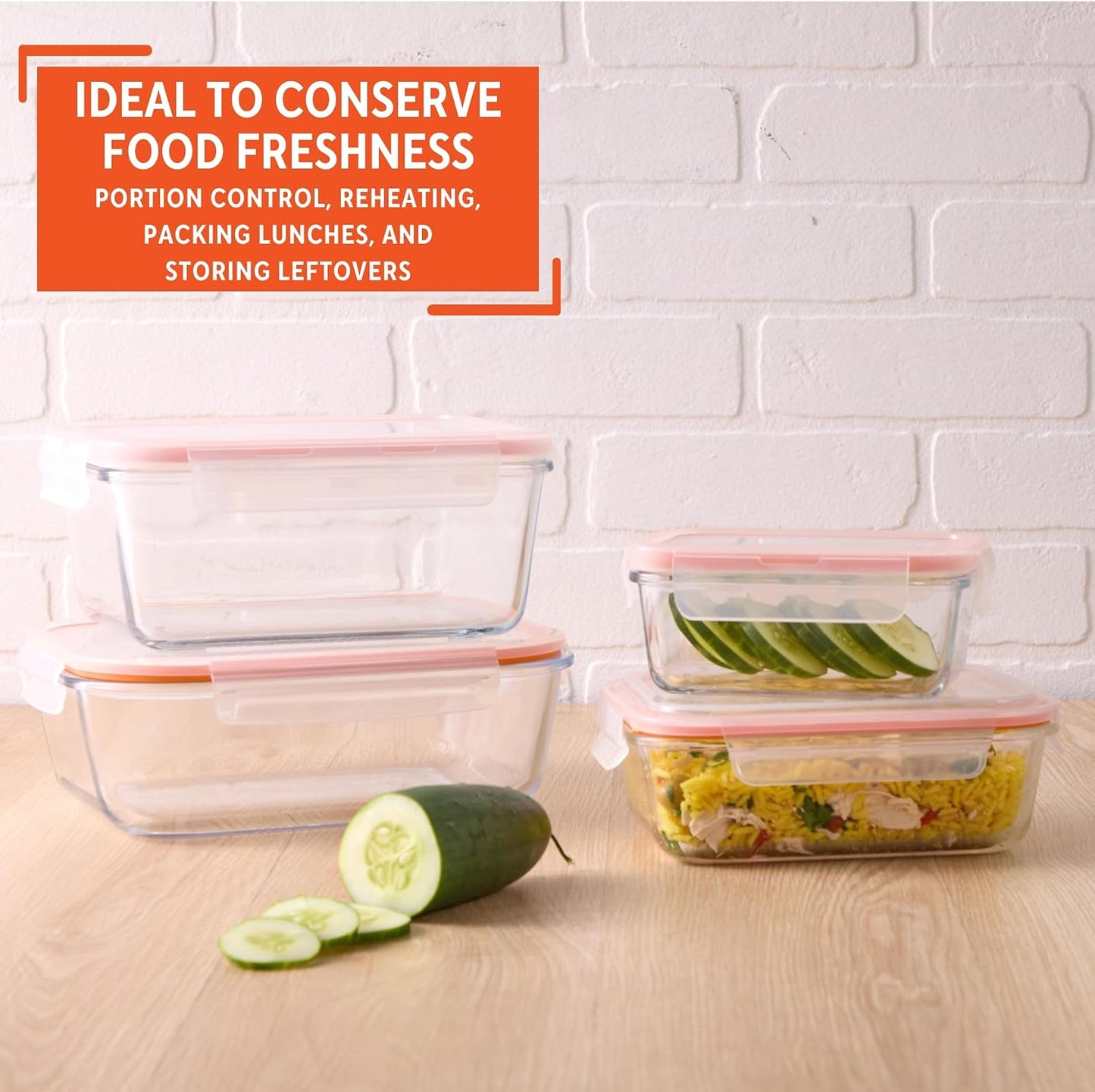 IMUSA Glass Food Storage Containers with Lids 6-Piece Set, Borosilicate Meal Prep Containers with Silicone Seal, Leakproof, Airtight, Freezer, Oven & Microwave Safe