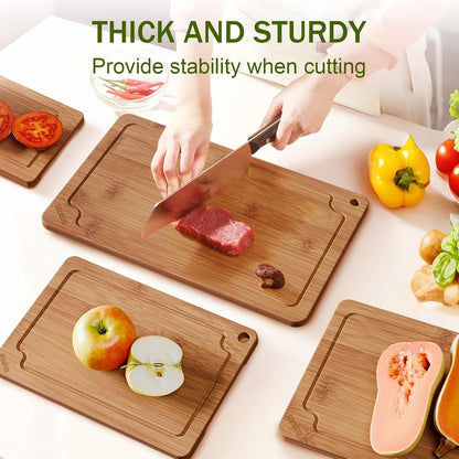 Bamboo Cutting Boards for Kitchen, Wood Cutting Board Set with Juice Grooves & Built-in Handles, Large Medium Small Chopping Board for Meat, Vegetables, Fruit