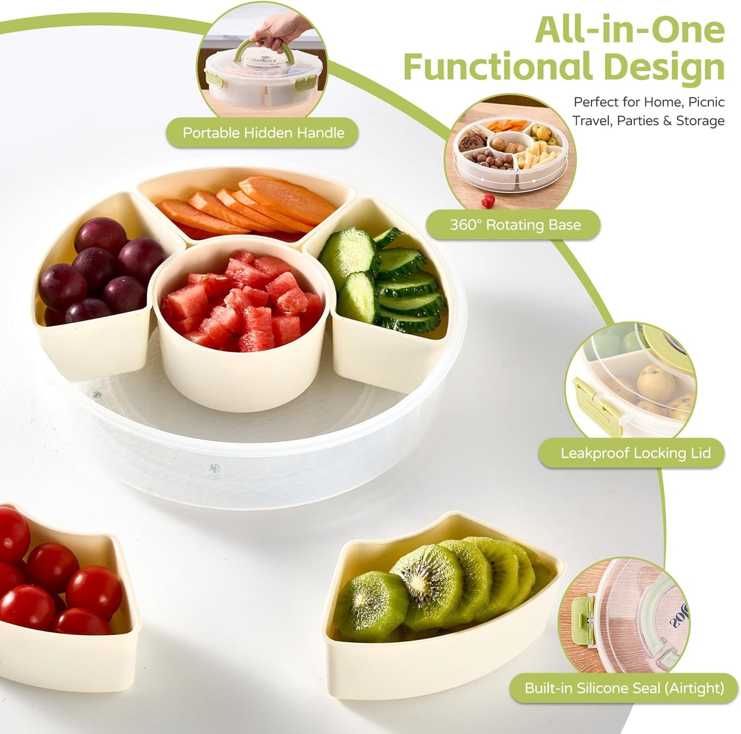 Divided Serving Tray with Lid – Snackle Box Container with Handle – Dishwasher & Microwave Safe – 6-Compartment Round Organizer for Fruits, Veggies, Candy & Nuts – Compact & Travel Friendly (10”)