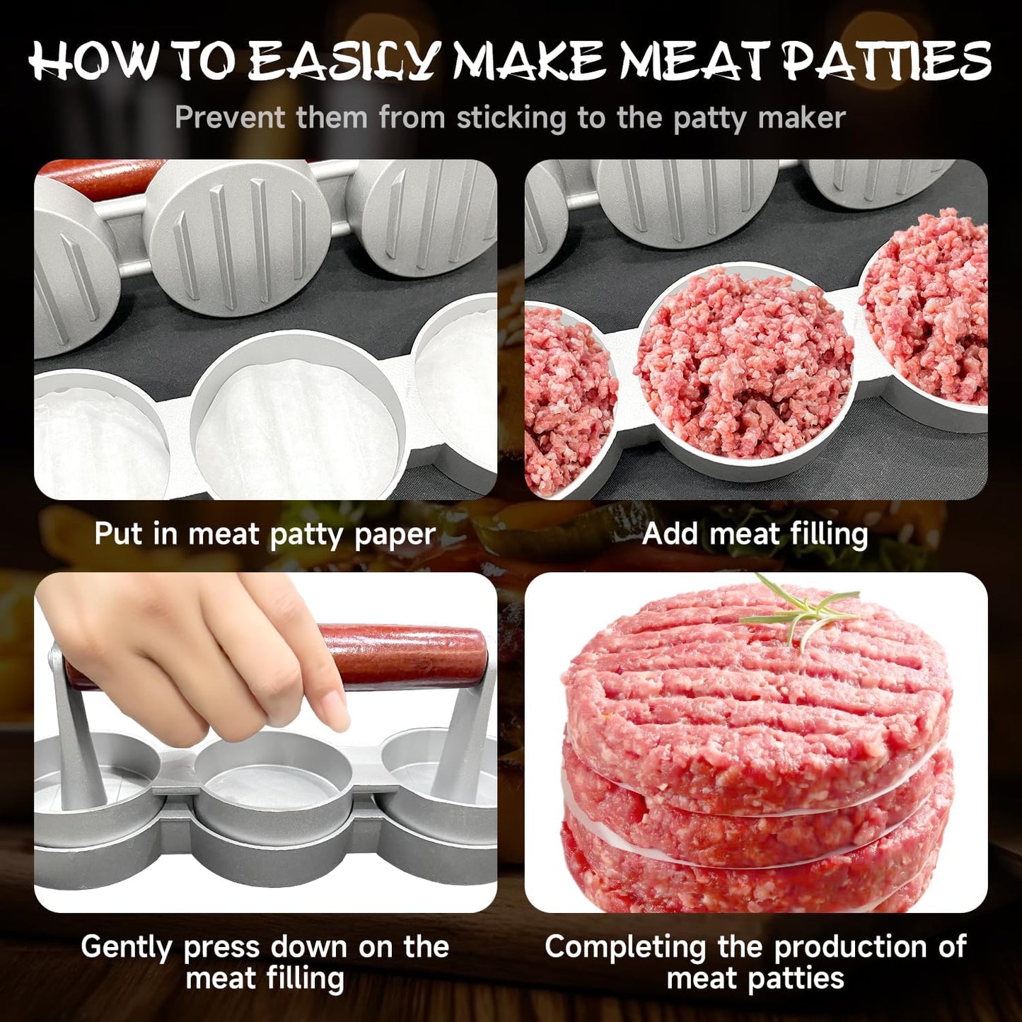 Burger Press Patty Maker Set with 100 Non-Stick Papers - 3x2.5 Inch Mold for Making Three Mini Patties at Once - Perfect for Sliders, BBQ, Picnic, Camping - Easy to Use & Clean