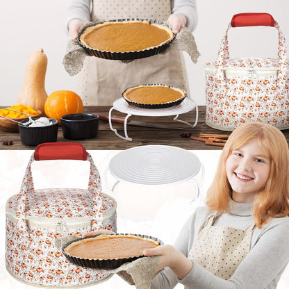 Fall Pumpkin Round Pie Carrier 12 x 7 Inch Thanksgiving Pumpkin Flowers Insulated Casserole Carrier with Lid and Detachable Handle for Thanksgiving Hot Pie Cake Transport Autumn Party