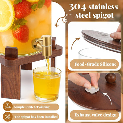 FillTouch 2 Pack 5 Gallon Glass Drink Dispenser with Acacia Wood Stand and Lid, Large Glass Beverage Dispenser with Spigot Perfect for Juice, Tea, Sangria, Lemonade, Weddings, Party, Outdoor Events