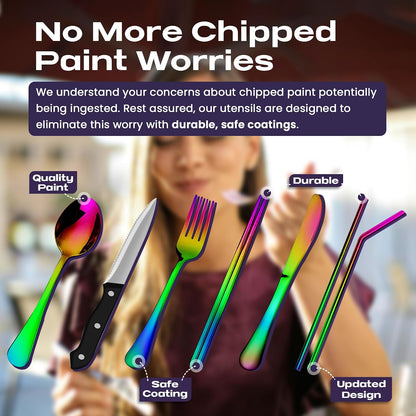 Taplord Portable Travel Silverware Set With Case, Includes 10 Pcs of Travel Utensils With Case, Stainless Steel Flatware Set For Camping, Lightweight (Multi-Color)