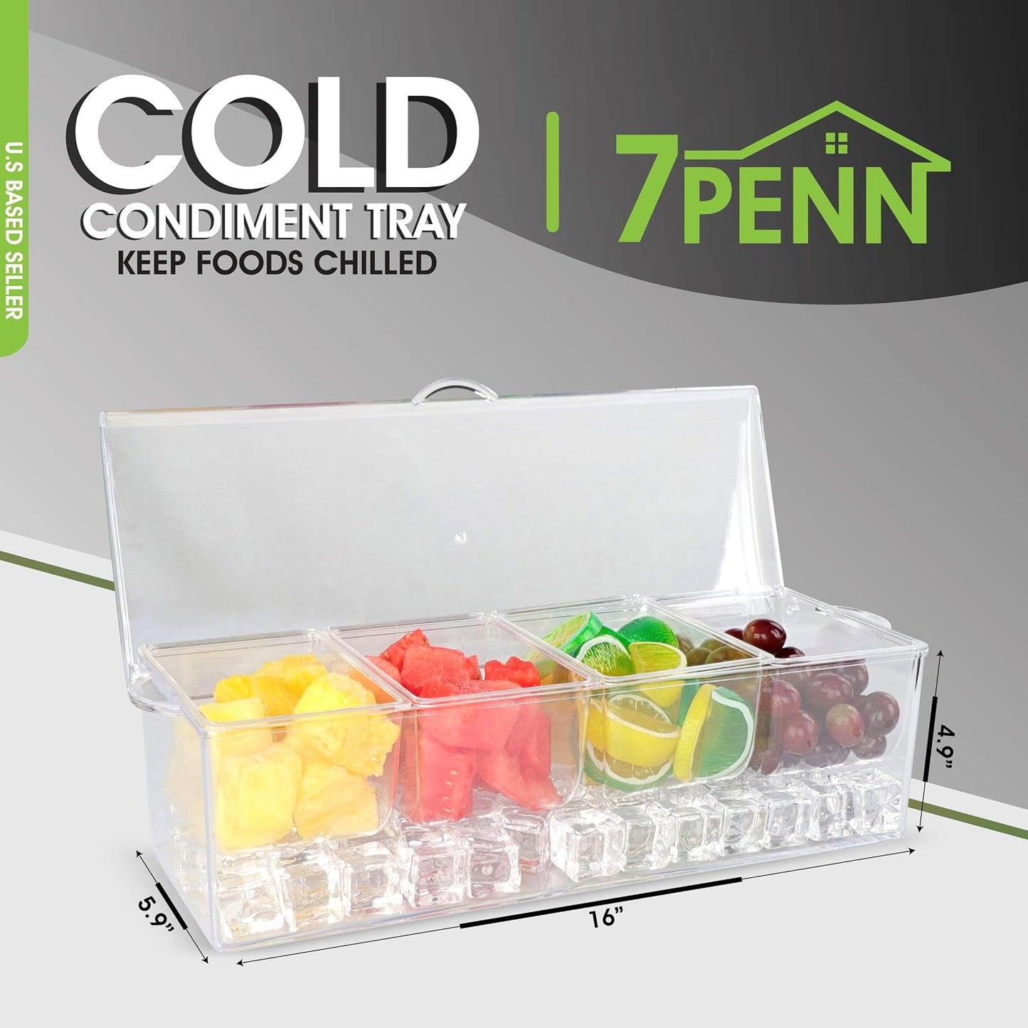 7Penn Condiment Tray with Ice Chamber, 4 Condiment Containers, Lid - Bar Garnish Tray Chilled Condiment Server Caddy