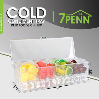 7Penn Condiment Tray with Ice Chamber, 4 Condiment Containers, Lid - Bar Garnish Tray Chilled Condiment Server Caddy