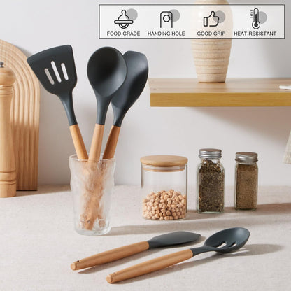 E-far Silicone Cooking Utensils Set, 5-Piece Kitchen Utensils Set with Wooden Handle for Cooking, Silicone Kitchen Nonstick Tools Spatula Turner Slotted Spoons, Nontoxic & Heat Resistant-Khaki