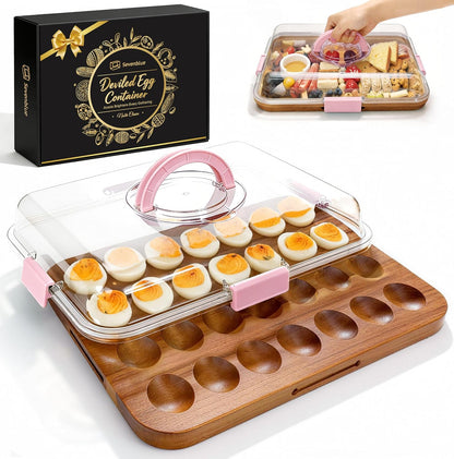 Sevenblue Acacia Wood Deviled Egg Containers with Lid and Handle, Portable Deviled Egg Platter for Easter, Potlucks & Party, Reversible Charcuterie Board Cutting Board