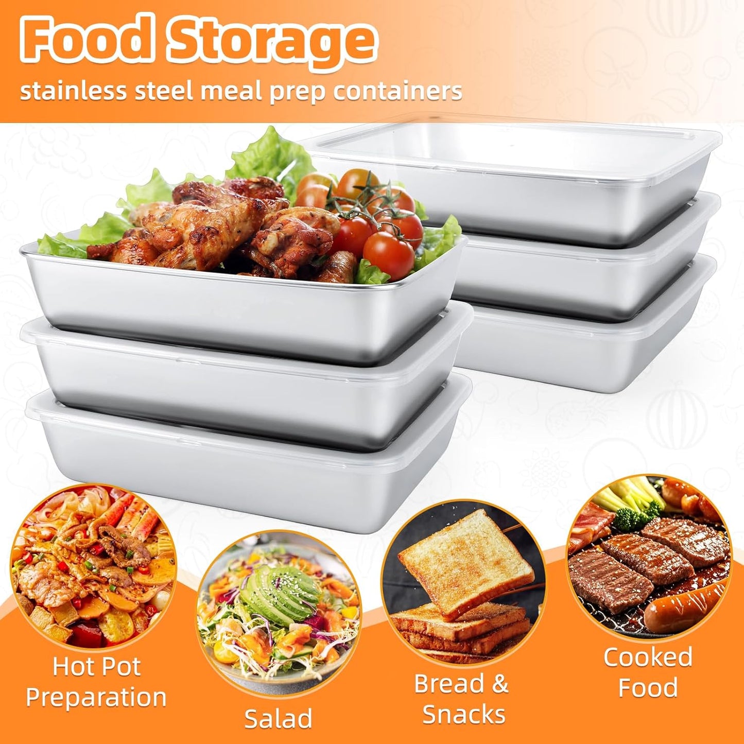 4 PCS Stainless Steel Food Storage Containers with lids,2.16 Inch Deep, 8x10 Inch Stainless Steel Oven plate, Metal Roasting Pan for Meal Prep、Meat, Rustproof & Heavy, Freezer & Dishwasher Safe