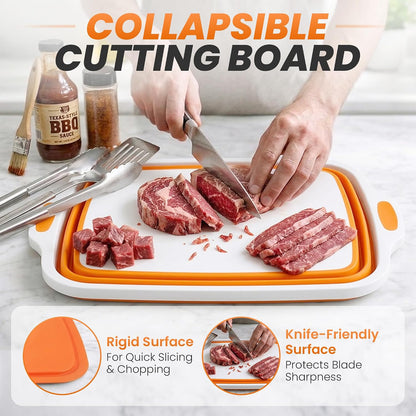 4 in 1 Large Collapsible BBQ Prep Tub with Lid - 16L Foldable Camping Sink with Colander & Cutting Board, Multipurpose Dish Basin for Kitchen, Meat Prep, Vegetables, Fruit, Picnic & Outdoor Cooking