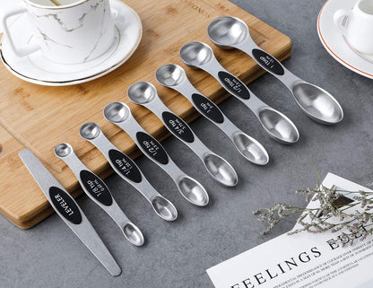 Magnetic Measuring Spoons Set of 8 Stainless Steel Dual Sided Stackable Measuring Spoons Nesting Teaspoons Tablespoons for Measuring Dry and Liquid Ingredients