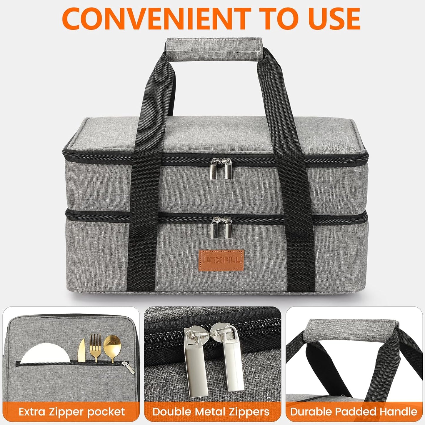 Lunch Bag Insulated Thermal Food Carrier Insulated Double Decker Casserole Carrier for Hot or Cold Food,Insulated Tote Bag for Potluck Cookouts Picnic,Lasagna Holder,Fits 9"x13" Baking Pan,Gray