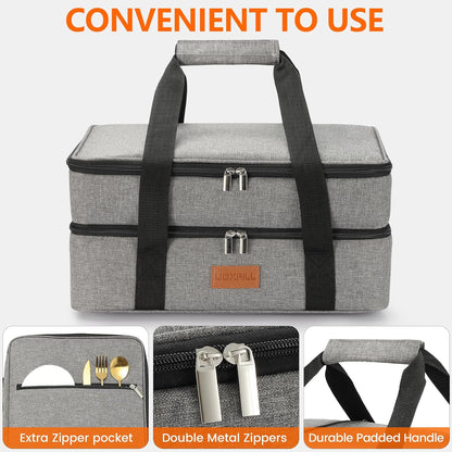 Lunch Bag Insulated Thermal Food Carrier Insulated Double Decker Casserole Carrier for Hot or Cold Food,Insulated Tote Bag for Potluck Cookouts Picnic,Lasagna Holder,Fits 9"x13" Baking Pan,Gray