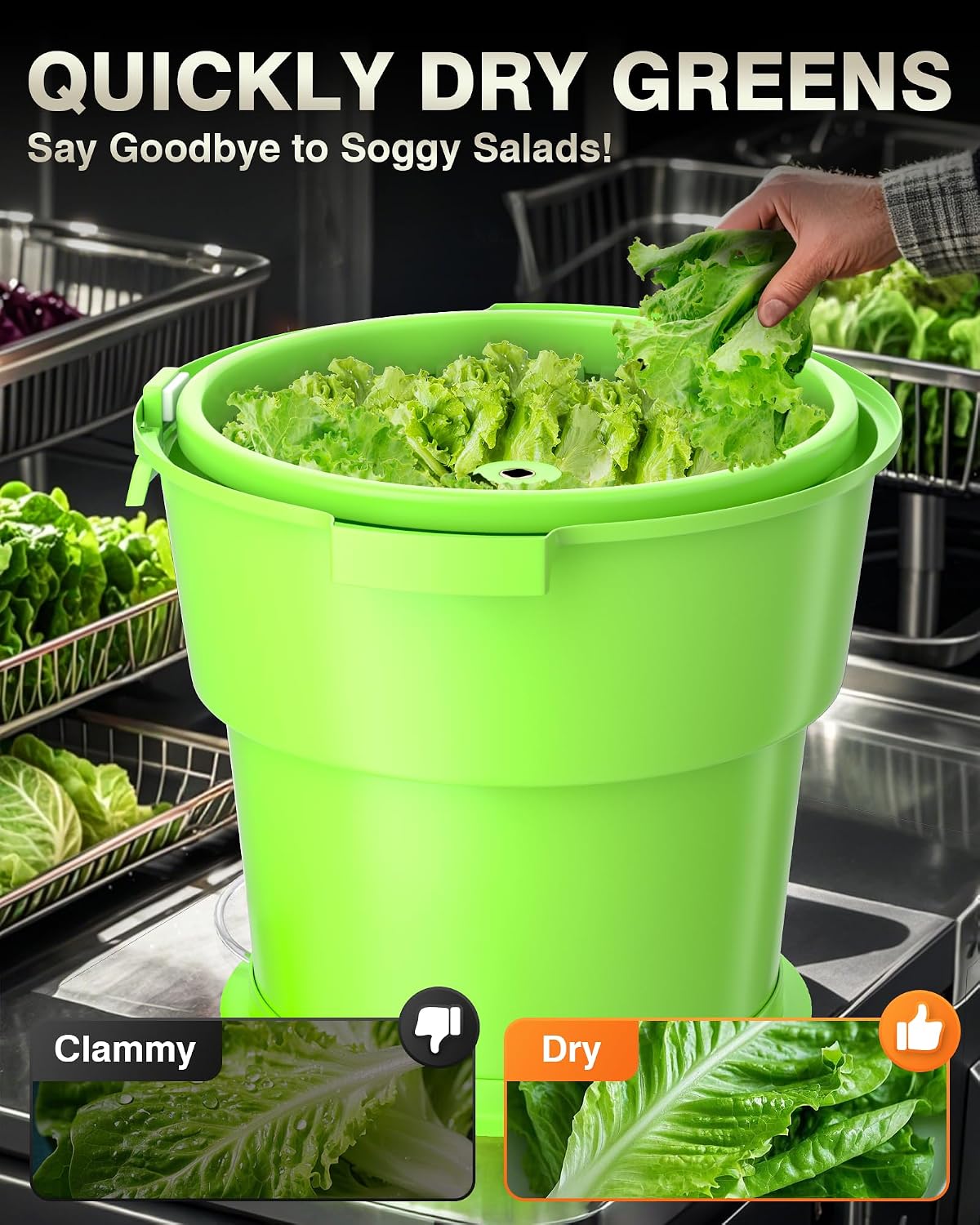 WantJoin Commercial Salad Spinner - [6 Gallon Salad Dryer] w/Silicone [Anti-slip Mat] & [Draining Hose], 24Qt Manual Salad Spinner for up to 7 Heads of Lettuce Spinner Large for Catering, Orange