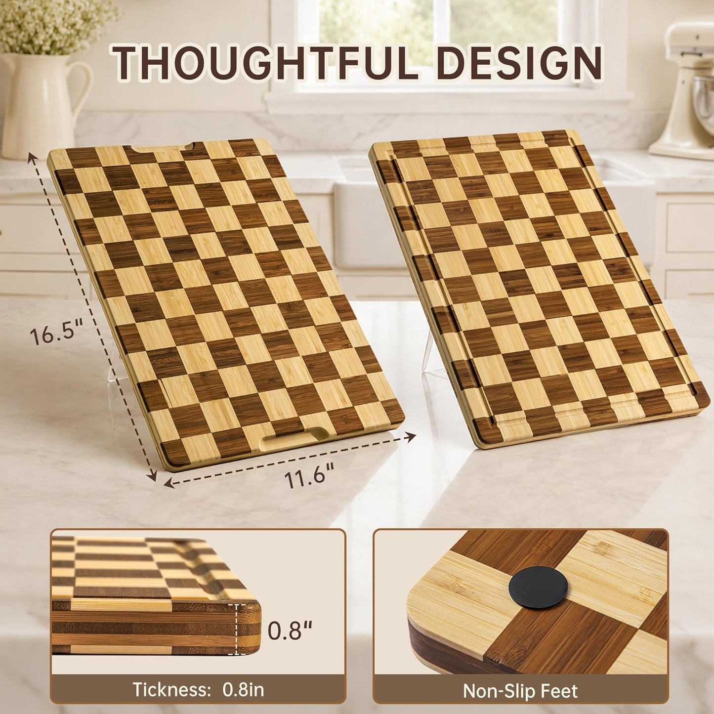 THETCHRY Bamboo Cutting Board Set, Checkered Wood Cutting Boards for Kitchen with Juice Groove, Non Toxic Wooden Charcuterie Boards, Non Slip Chopping Board for Meat Fruit Cheese, Housewarming Gift