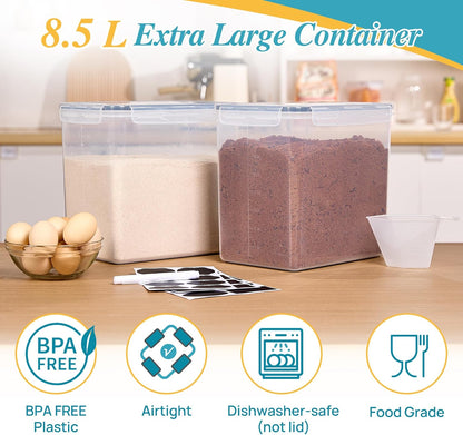 Vtopmart 4 PCS Large Food Storage Containers 5.2L / 175oz, 4 Pieces BPA Free Plastic Airtight Canisters for Flour, Sugar, Baking Supplies, Rice with Lids, 4 Measuring Cups and 24 Labels, Black