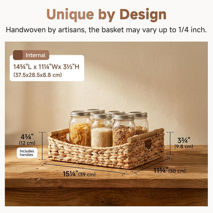 StorageWorks Wicker Baskets for Organizing, Water Hyacinth Storage Baskets with Handles, Woven Baskets for Pantry Storage, 13" x 8¼" x 7", 2-Pack